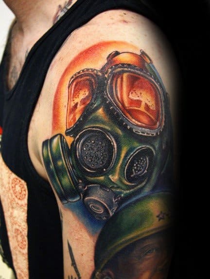 Mens Upper Arm Gas Mask Mushroom Cloud Tattoo Design Inspiration