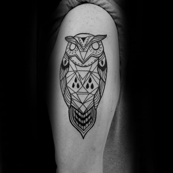 Mens Upper Arm Geometric Owl Black Lines Tattoo Design