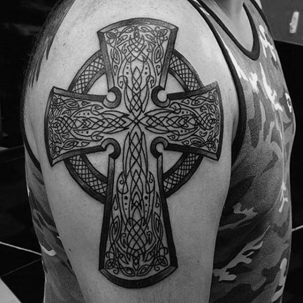 Mens Upper Arm Linework Detailed Celtic Cross Tattoo Ideas