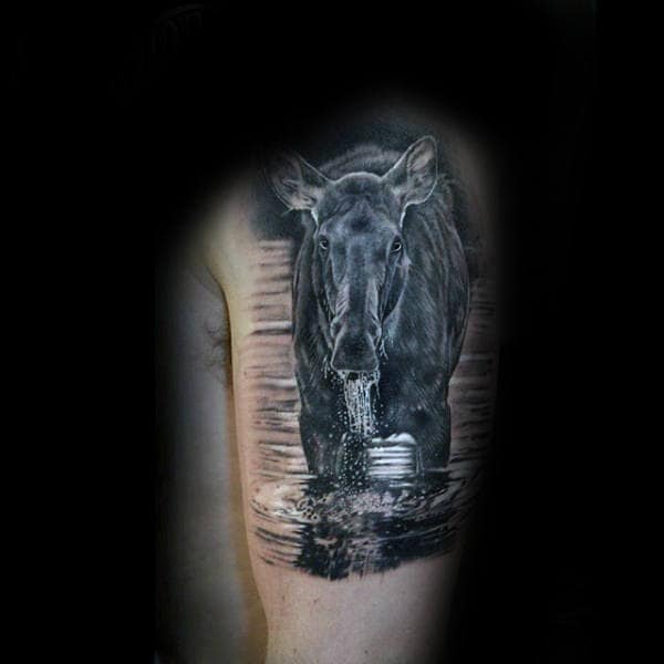 Mens Upper Arm Moose In Water Realistic Tattoo Ideas