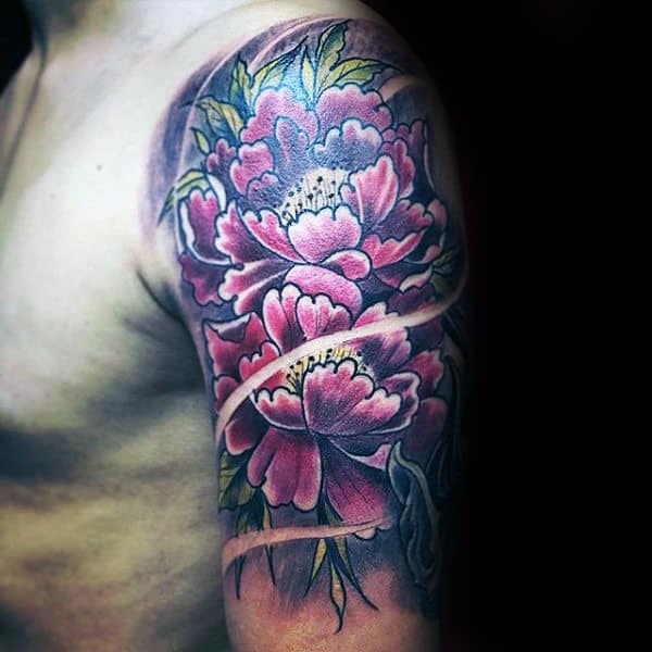 Mens Upper Arm Peony Half Sleeve Tattoo Ideas