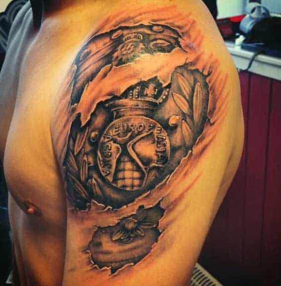 Mens Upper Arm Ripped Skin Tattoo