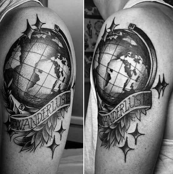 Mens Upper Arm Shaded Traditional Wanderlust Tattoo