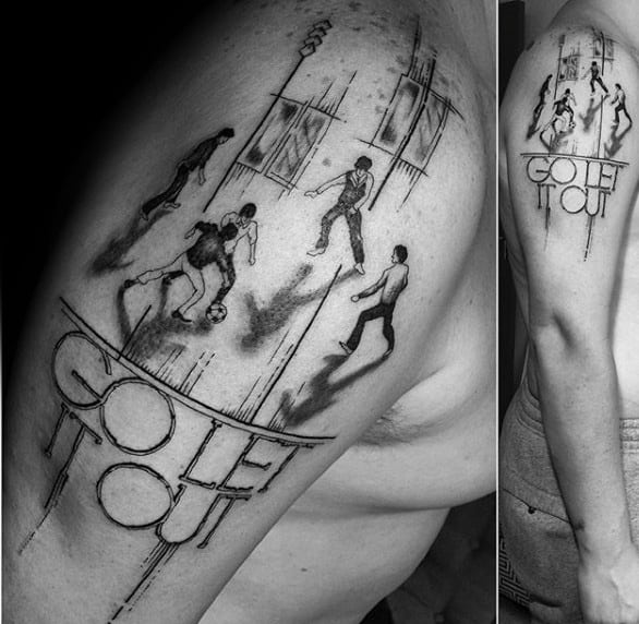 Mens Upper Arm Soccer Players On Field Tattoo