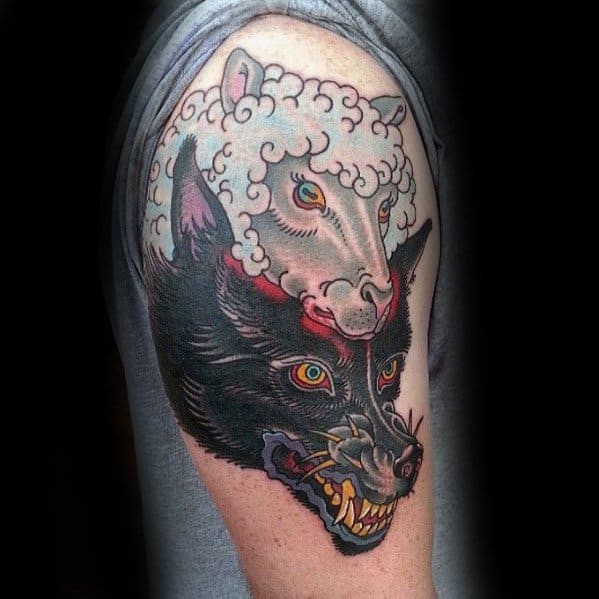 Mens Upper Arm Tattoo With Wolf In Sheeps Clothing Design