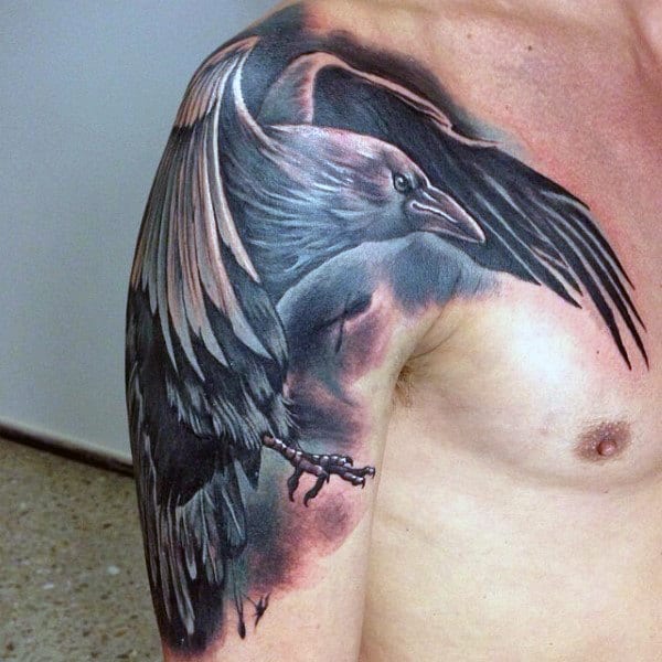 Mens Upper Arm Watercolor Crow Tattoo