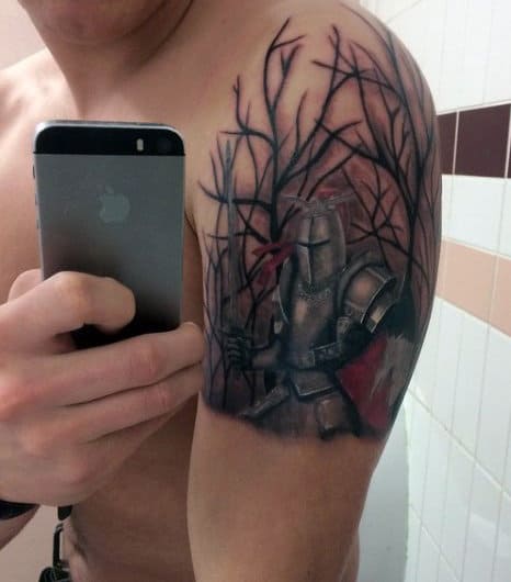 Mens Upper Arm Woods Knight Armor Tattoo