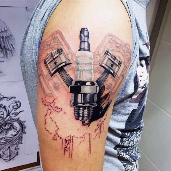Mens Upper Arms Engine Tattoo