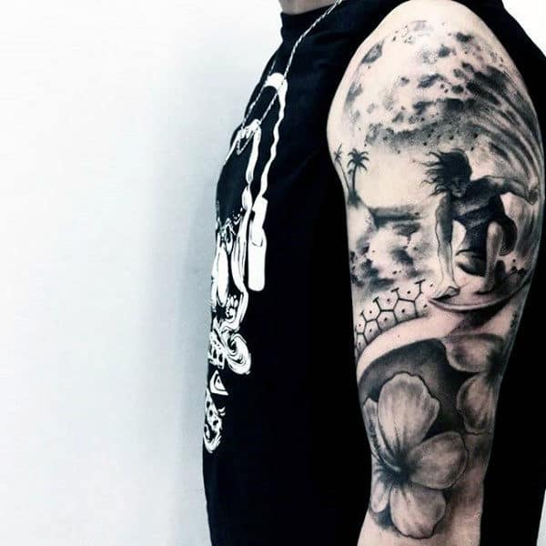 Mens Upper Arms Grey Surf Tattoo