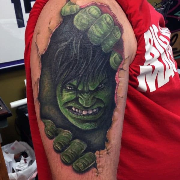 Mens Upper Arms Hulk Opening Crack Tattoo