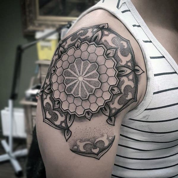 Mens Upper Arms Mandala Shape Honeycomb Tattoo