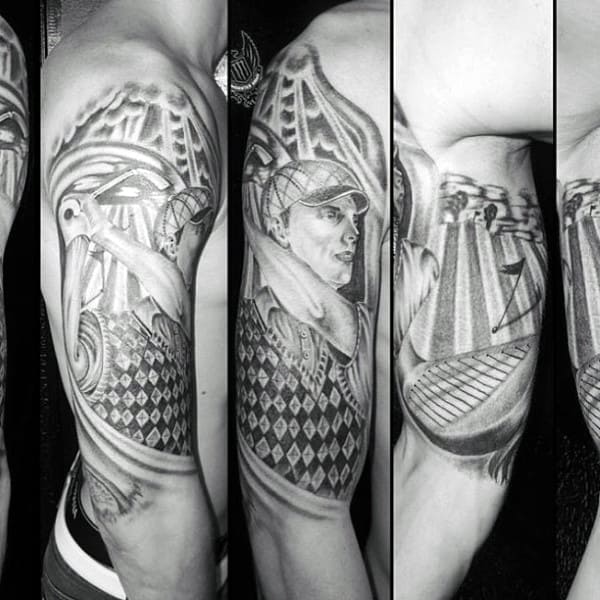 Mens Upper Arms Shaded Grey Golfer Tattoo