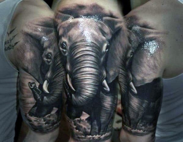 Mens Upper Arms Shiny Grey Elephant Tattoo