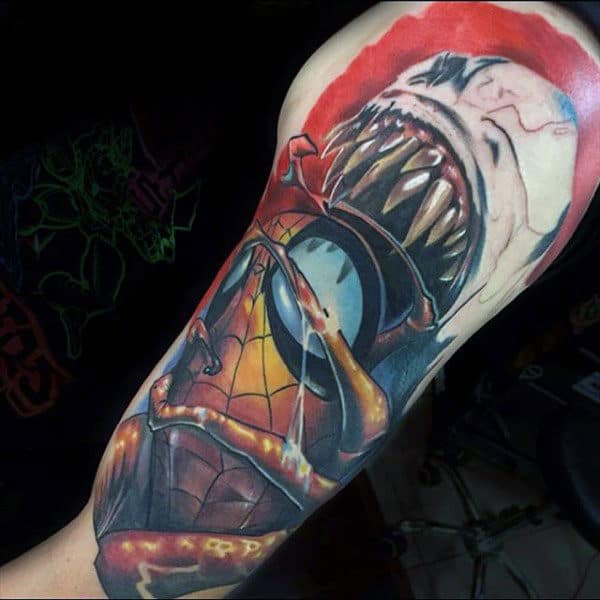 Mens Upper Arms Spiderman Getting Swallowed Tattoo