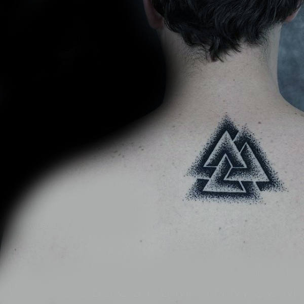 Mens Upper Back Black And Grey Dotwork Valknut Tattoos