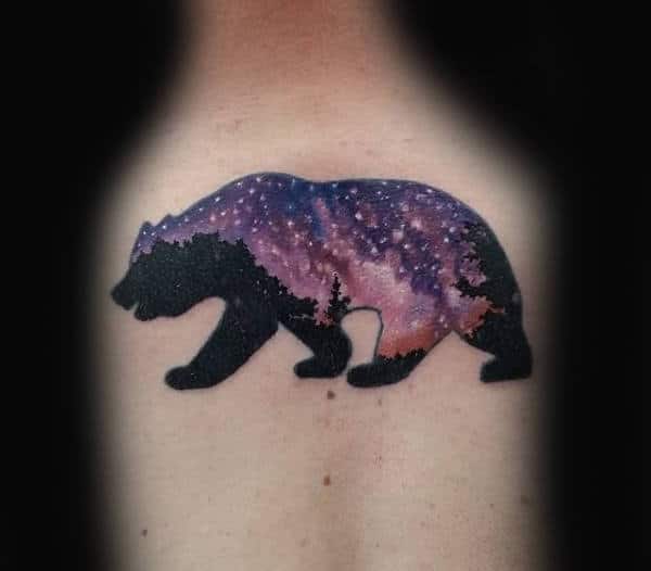 Mens Upper Back California Night Sky Bear Tattoo