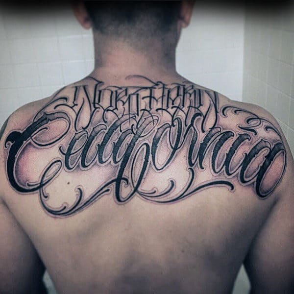 Mens Upper Back Cool Script Tattoo Designs