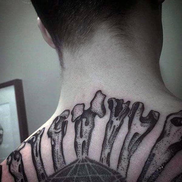 Mens Upper Back Dotwok Tattoo Of Bones