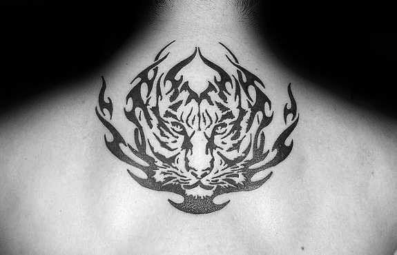 Mens Upper Back Flaming Tribal Tiger Tattoos