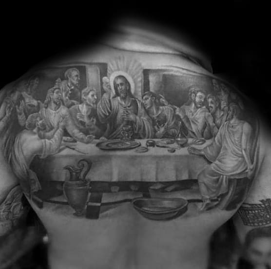 Mens Upper Back Religious Tattoo Of Jesus At The Last Supper