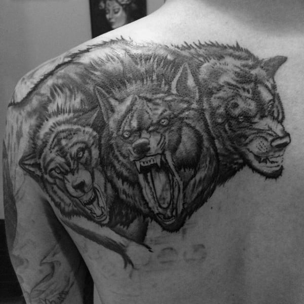 Mens Upper Back Shoulder Cerberus Tattoos