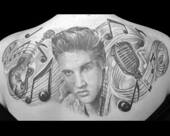 Mens Upper Back Tattoo Ideas With Elvis Presley Design