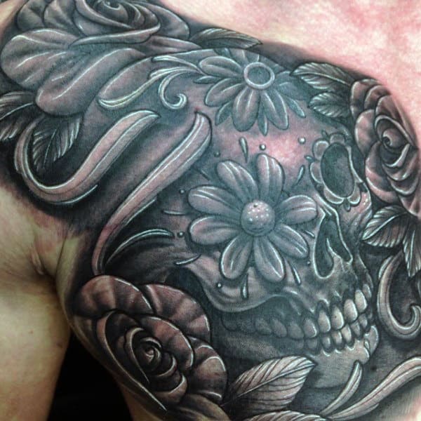 Mens Upper Chest 3d Sugar Skull Tattoo Design Idea Inspiration