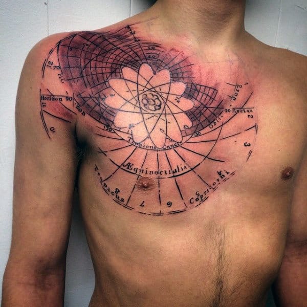 Mens Upper Chest Atom Tattoo Design Idea Inspiration