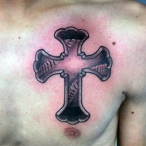 Mens Upper Chest Baseball Cross Tattoo Design Ideas