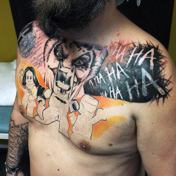 Mens Upper Chest Batman Themed Tattoos With Lego Design