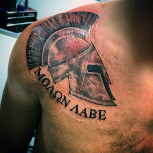 Mens Upper Chest Battle Helmet Molon Labe Tattoo Design