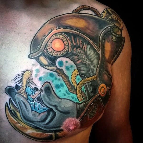 Mens Upper Chest Bioshock Tattoo Design Inspiration