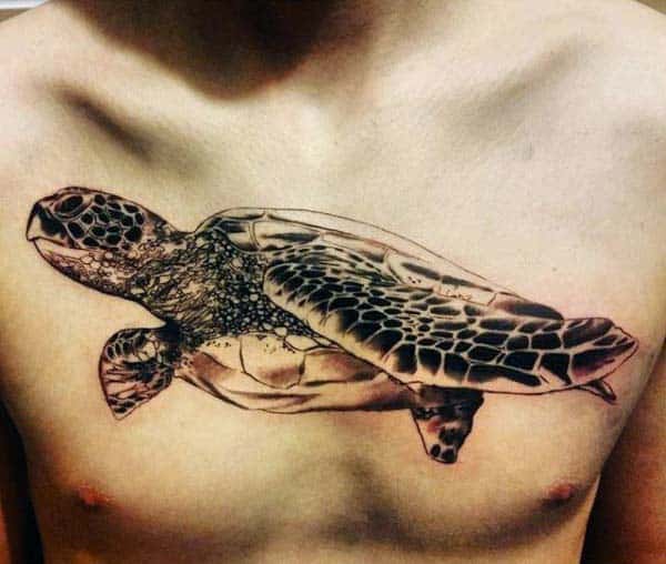 Mens Upper Chest Black Ink Shaded Turtle Tattoos