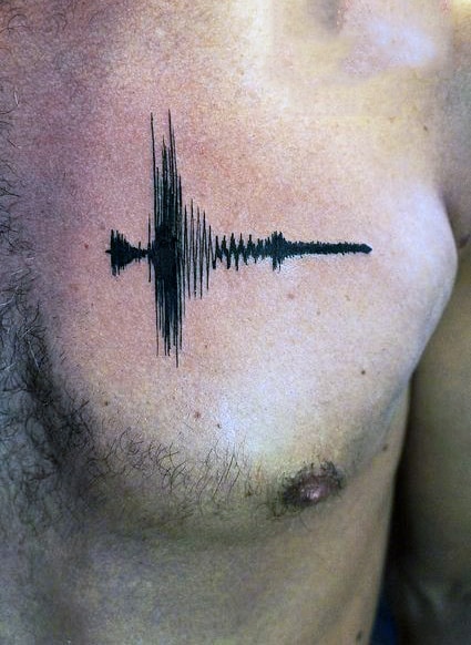 Mens Upper Chest Black Ink Soundwave Tattoo Design