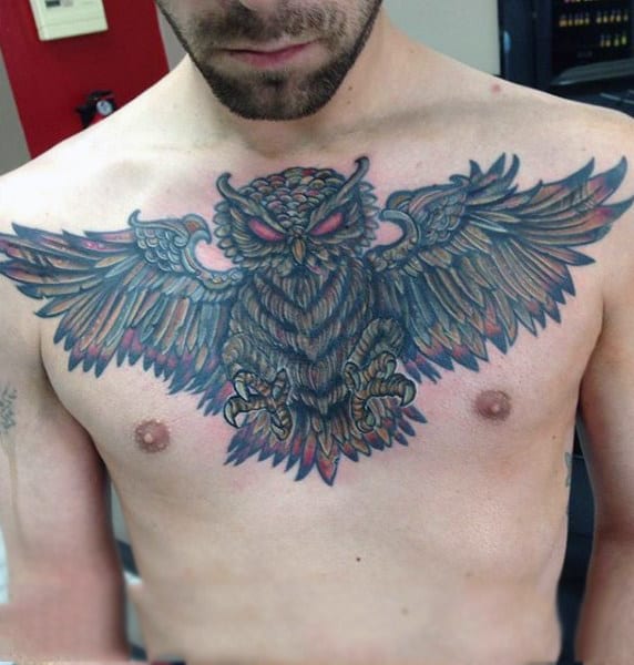Mens Upper Chest Bold Owl Tattoo Design Inspiration
