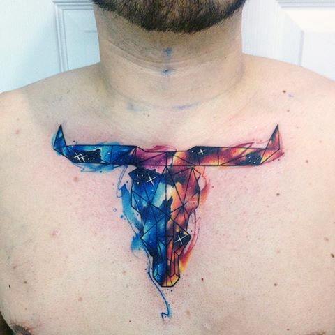Mens Upper Chest Bull Watercolor Skull Tattoo Ideas