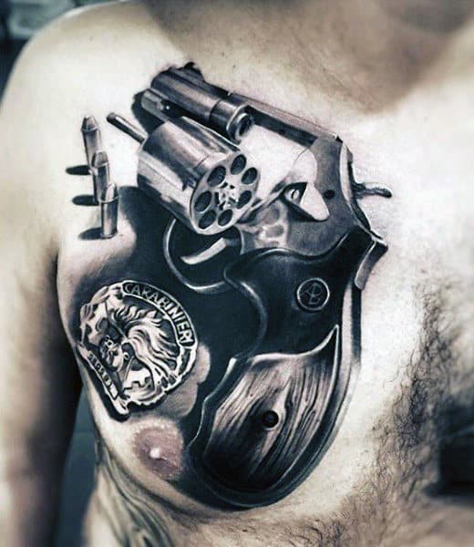 Mens Upper Chest Bullet Tattoo With Revolver Design Realistic