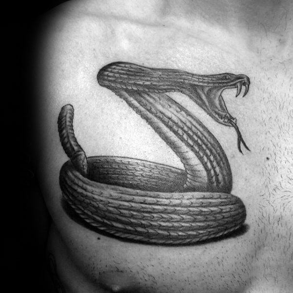 Mens Upper Chest Coiled Rattlesnake Tattoos
