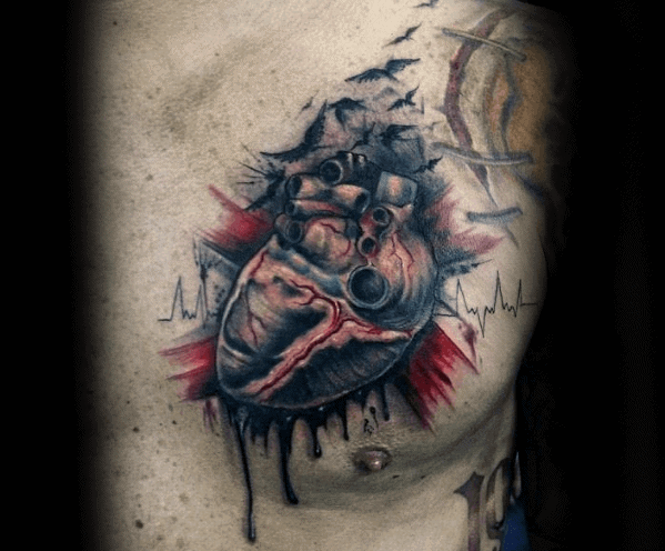 Mens Upper Chest Cool Broken Heart With Heart Beat Tattoo Ideas