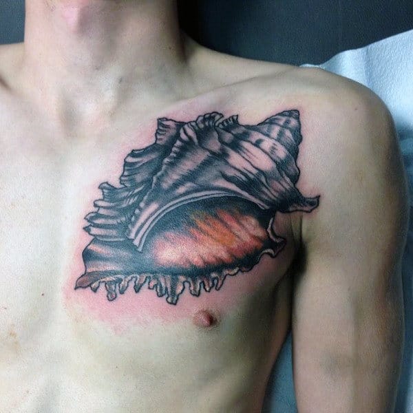 Mens Upper Chest Seashell Tattoo Deisgn Inspiration