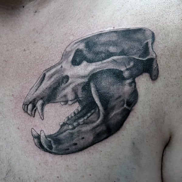 Mens Upper Chest Shaded Bear Skull Tattoo Ideas