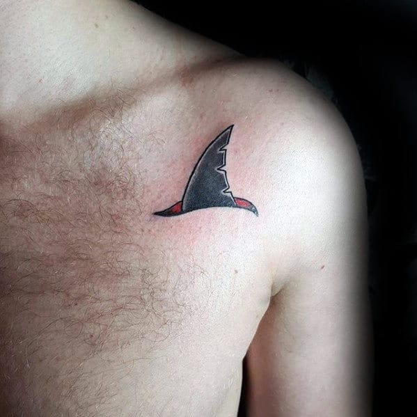 Mens Upper Chest Shoulder Shark Fin Tattoo