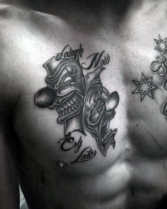 Mens Upper Chest Tattoo Drama Mask Design