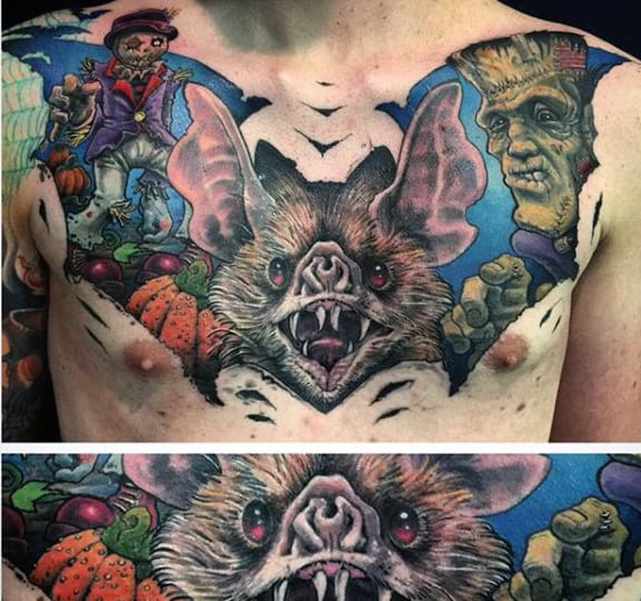 Mens Upper Chest Themed Halloween Pumpkin Tattoos