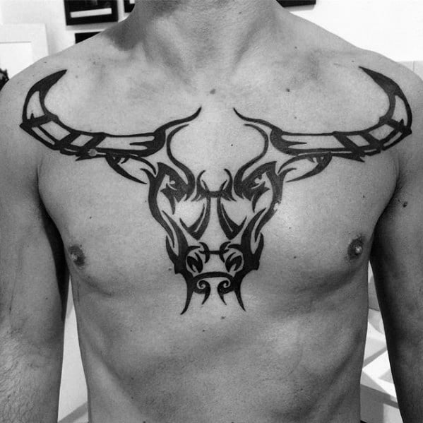 Mens Upper Chest Tribal Bull Tattoo Designs