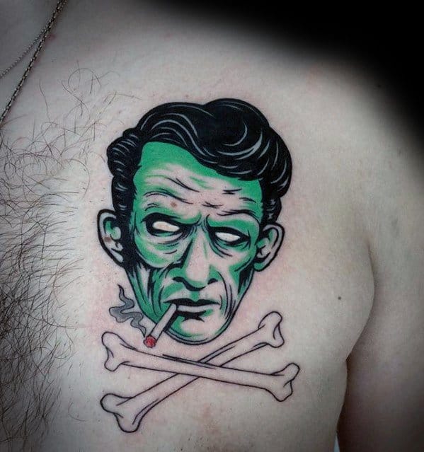 Tattoo of a green-faced man smoking, with crossbones beneath, and a hint of Johnny Cash's flair
