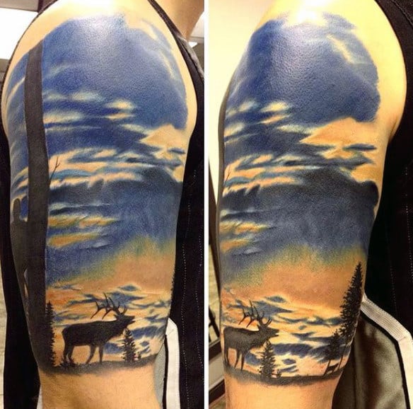 Mens Upperarm Moose At Winter Sunset Tattoo