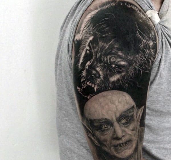 Mens Upperarms 3D Dark Were Wolf And Bald Man Tattoo