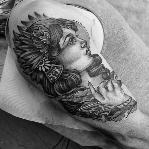 Mens Valkyrie Half Sleeve Shaded Tattoo Design Inspiration