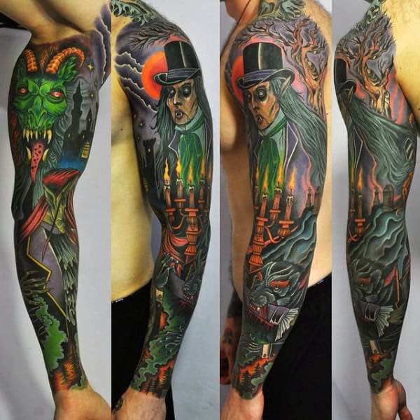 Mens Vampire Themed Full Tattoo Sleeve Design Ideas